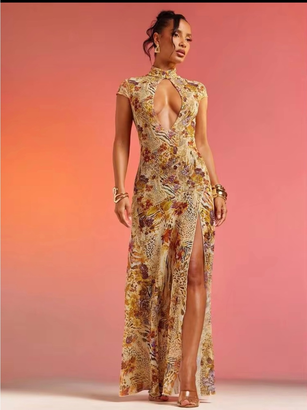 Floral Keyhole High-Slit Maxi Dress in Mustard and Brown